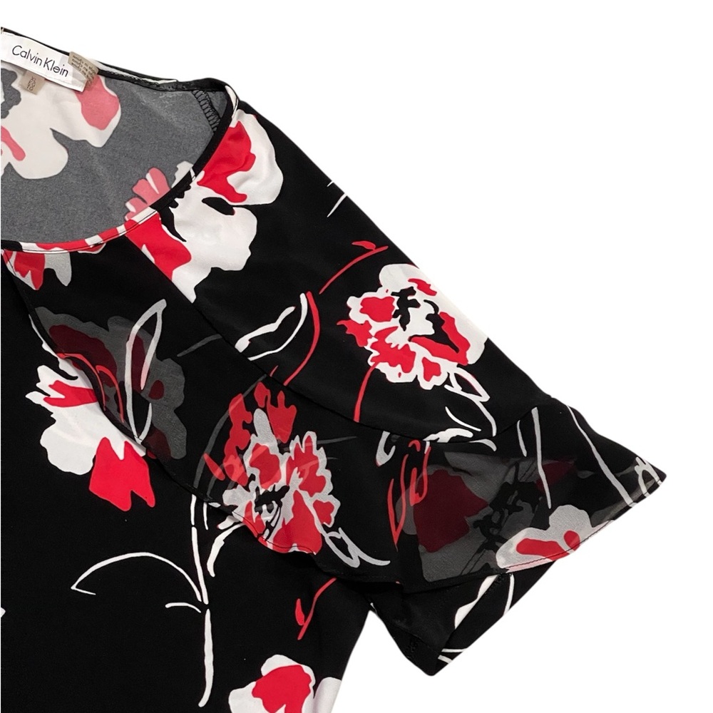CALVIN KLEIN Womens Floral Top XL Black Red White Short Ruffle Sleeve Round Neck - Picture 5 of 10